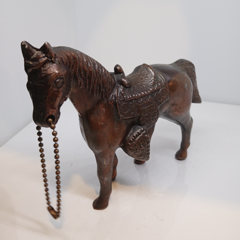 Vintage Bronze Brown Horse Figurine with Chain Accent 6"w x 4"Tall Detail Saddle